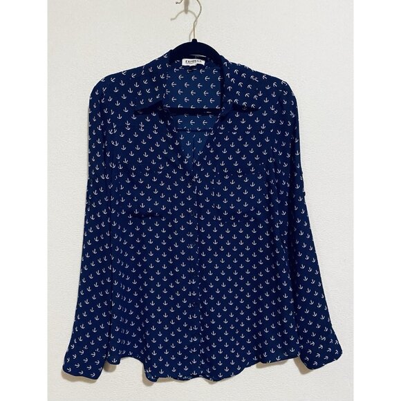 Express Top Womens Medium Navy Blue Anchor Print Portofino Nautical Flowy Boho - Picture 2 of 8